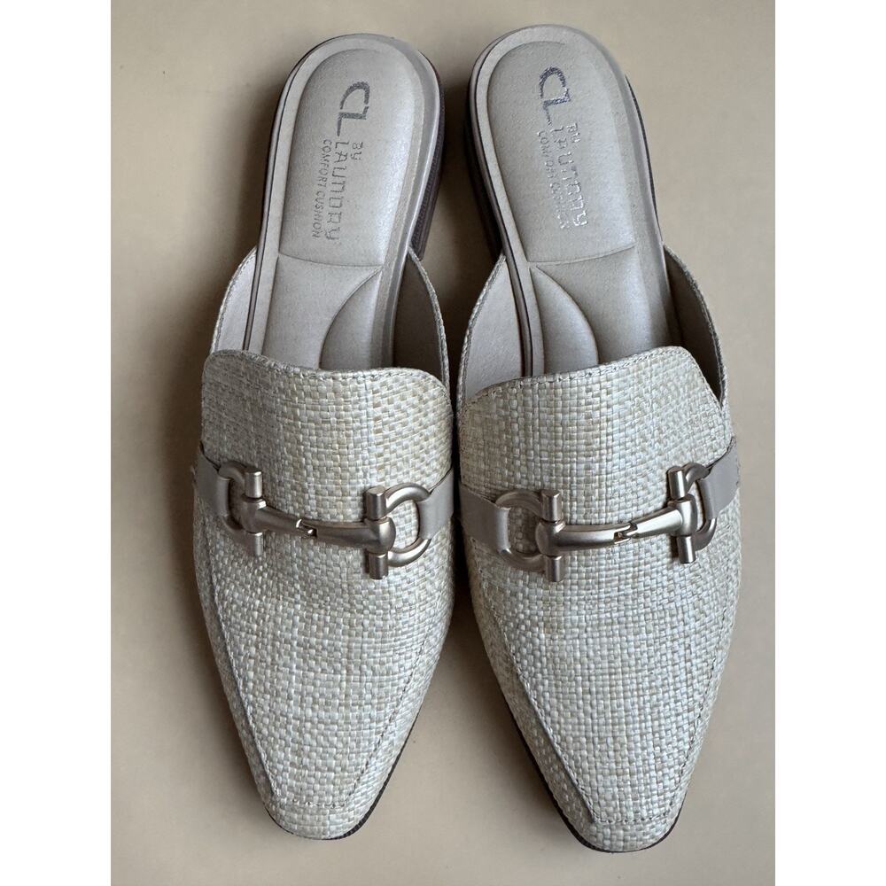 Chinese Laundry Score Mule in Textured Cotton Natural Beige Size 8 Gold Buckle